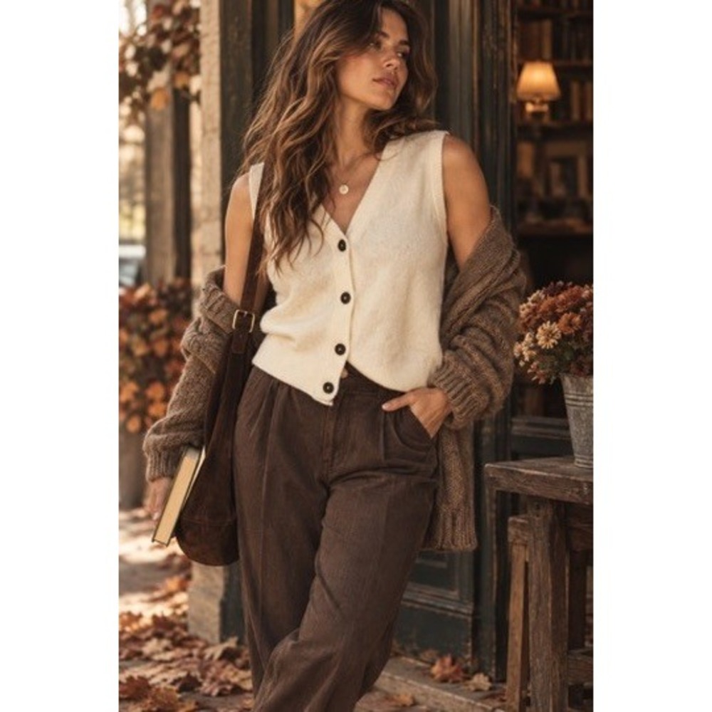 The Primark Edit Womens Large Cream Wool Blend V-Neck Button Front Knit Vest